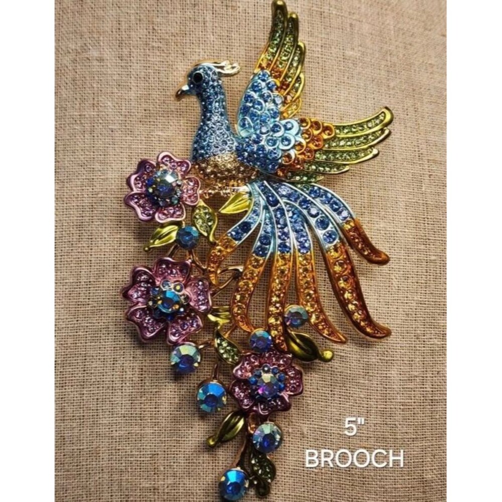 Maximalist 5-Inch Rhinestone Bird & Flower Statement Pin
